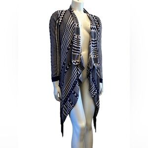 Papillon Blanc Knit Navy and Cream Geometric Cardigan With Fringe Hem